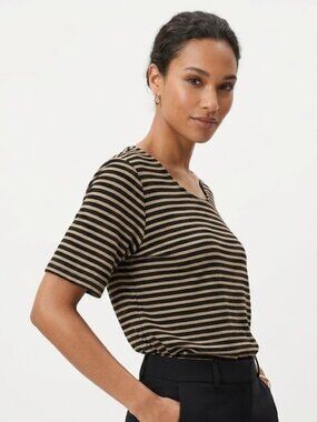 Chico’s Women’s Travelers Lurex U‑Neck Top Metallic Gold Black Stripe Size XS
